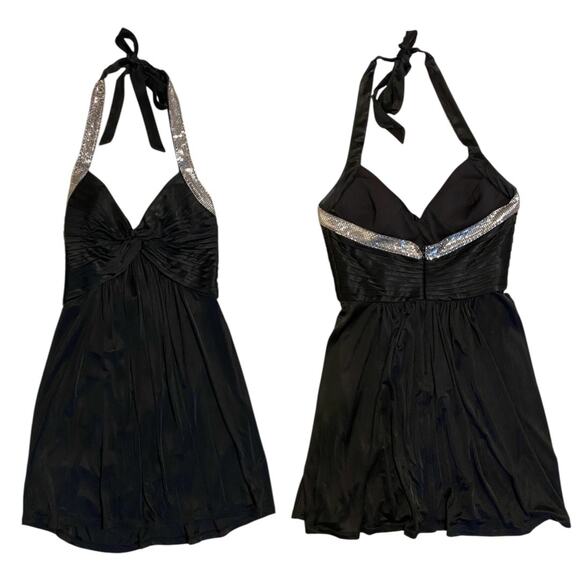 Y2K BCBGMAXAZRIA Halter Mini Dress XS Black Silver Chainmail Cocktail Party LBD - Picture 2 of 11